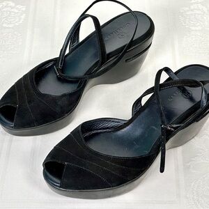 Cole Haan Y2K Women's Black Peep Toe Wedges Retro 1940s Ankle Strap Heels 9/40